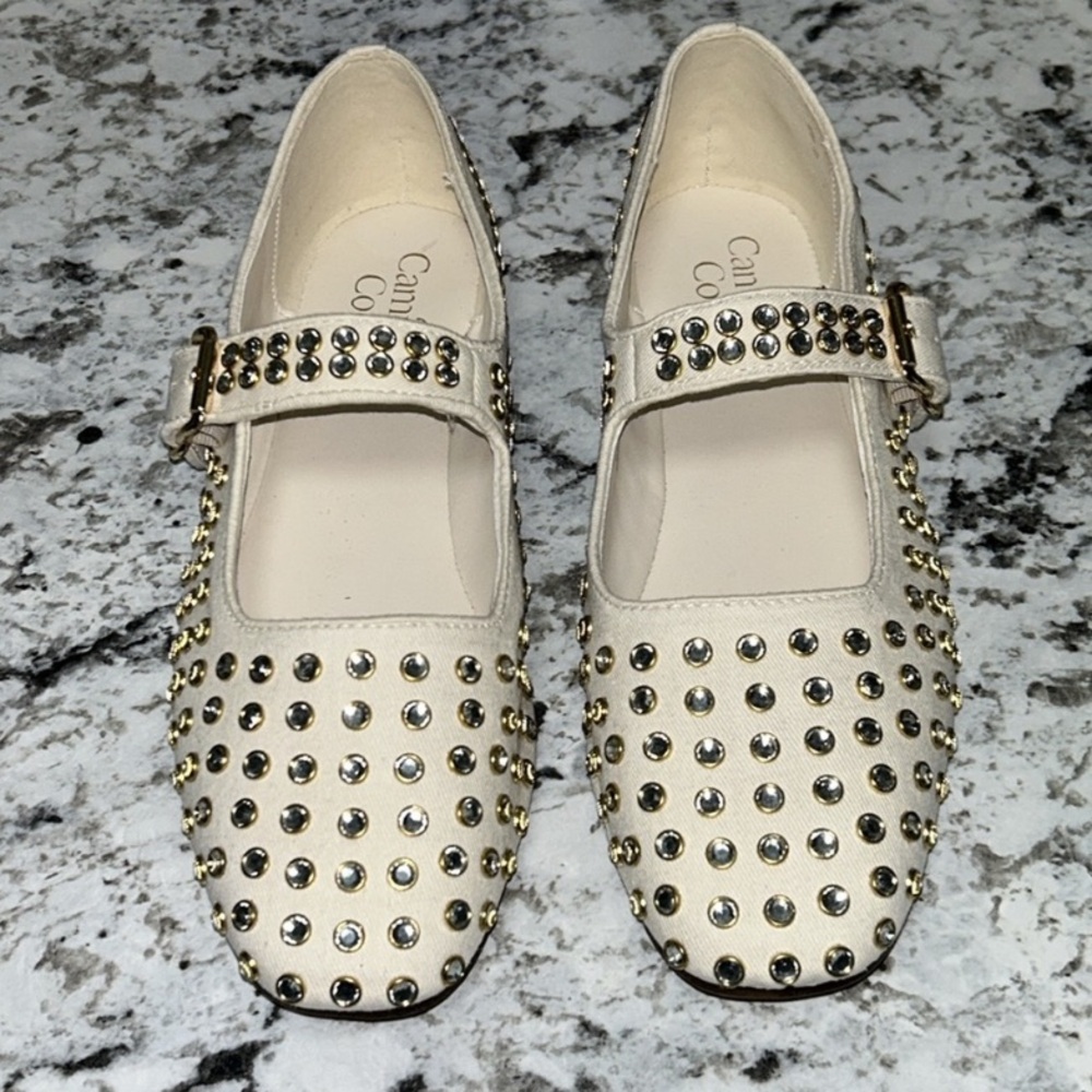 Revolve x Camila Coelho Cream Studded Mary Jane Canvas Ballet Flats 7.5 NWOB - Picture 4 of 6